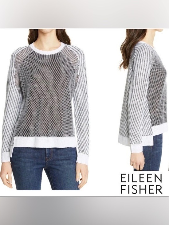 Eileen Fisher Sweaters - Eileen Fisher White and Black Knit Crewneck Sweater with White Trim Size XS